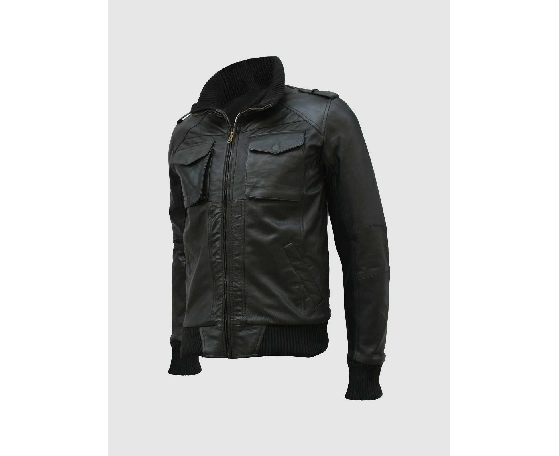 Men's Sheep Black Leather Bomber Jacket