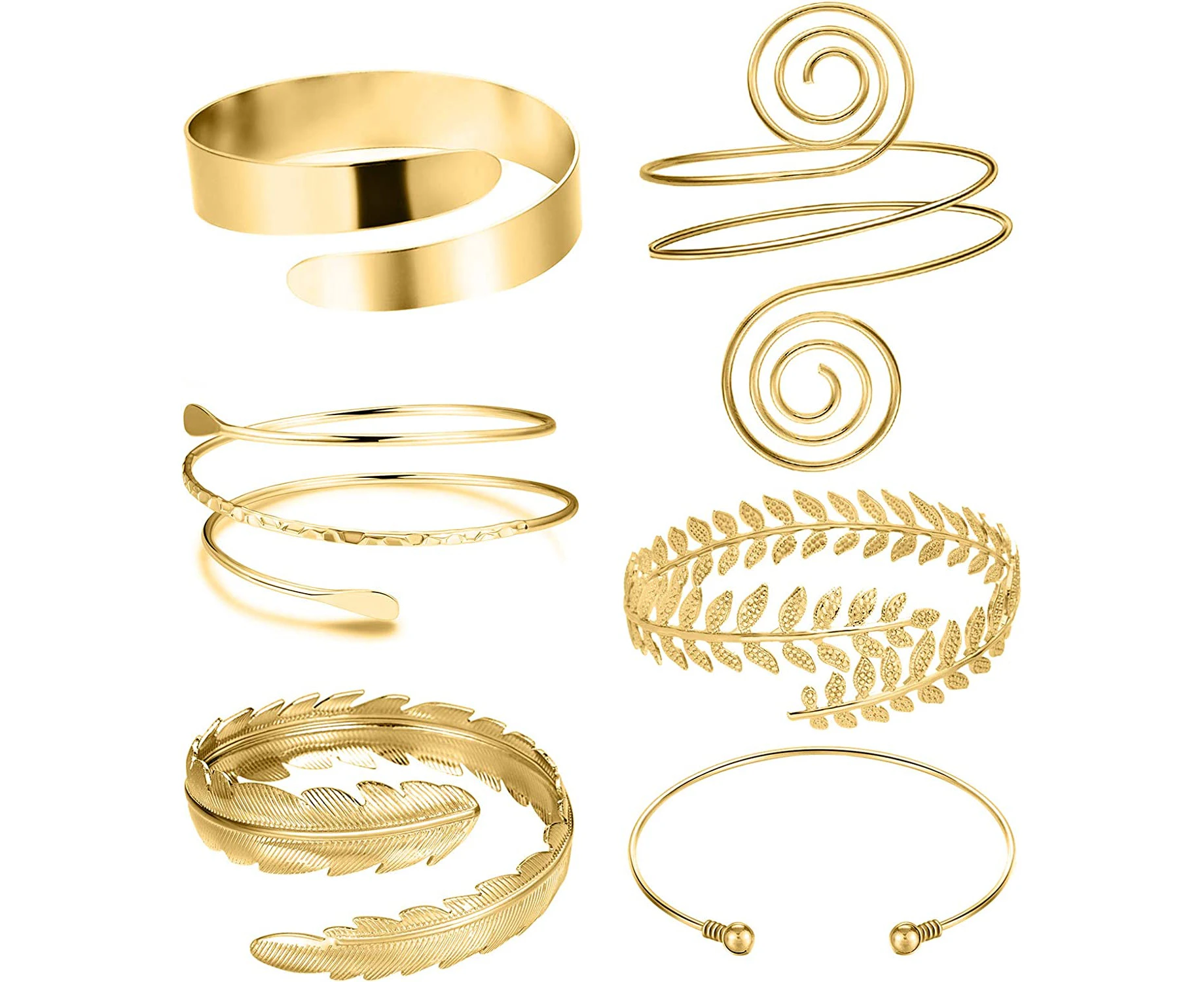 6 pieces of arm cuffs, upper arm with cuff bracelets, ladies silver gold adjustable armband setB：Gold