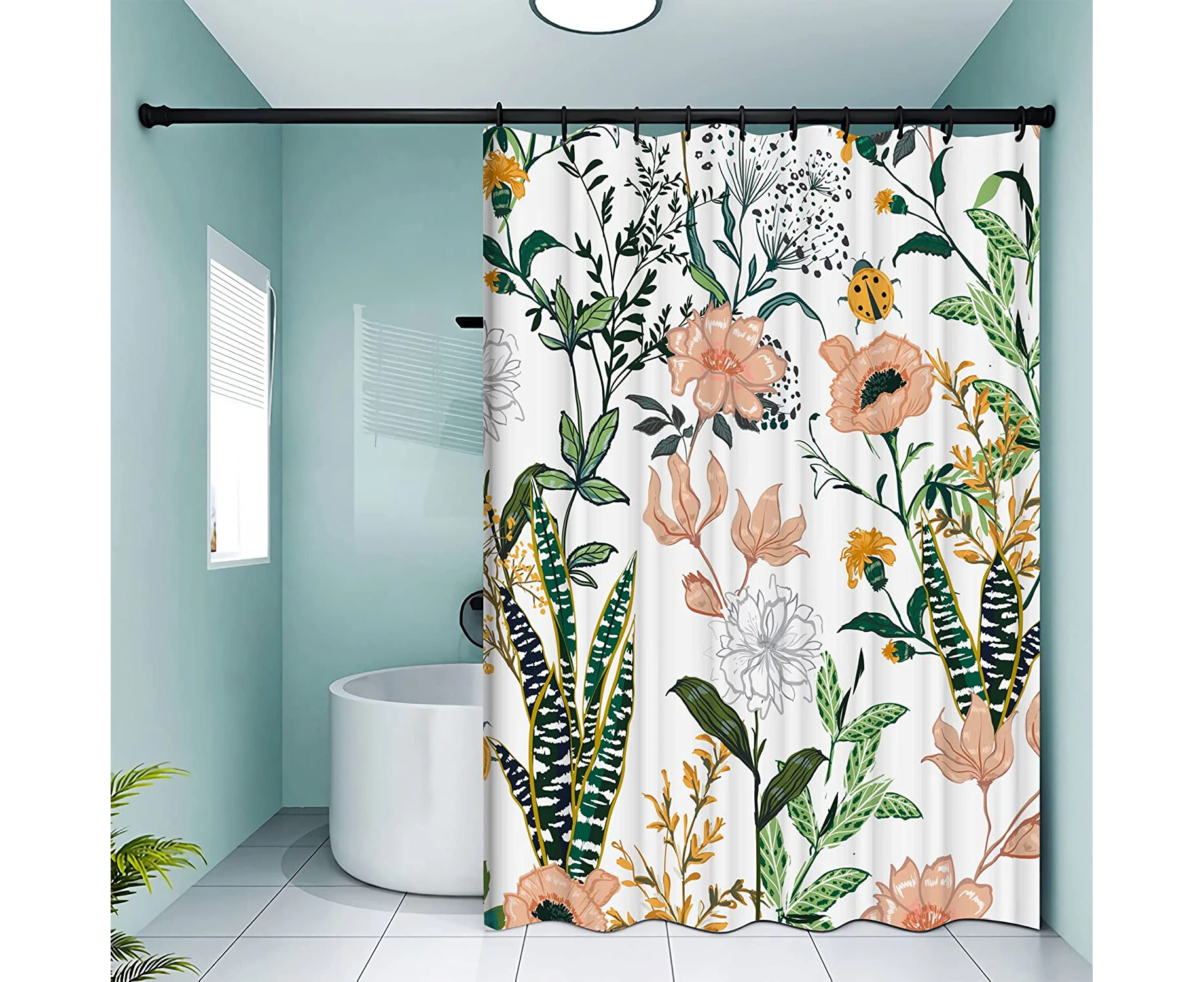 Green Floral Shower Curtain (72” x 72”), Flower Tropical Leaves Shower Curtains, Polyester Fabric Printed Shower Curtain Set for Bathroom with Hooks