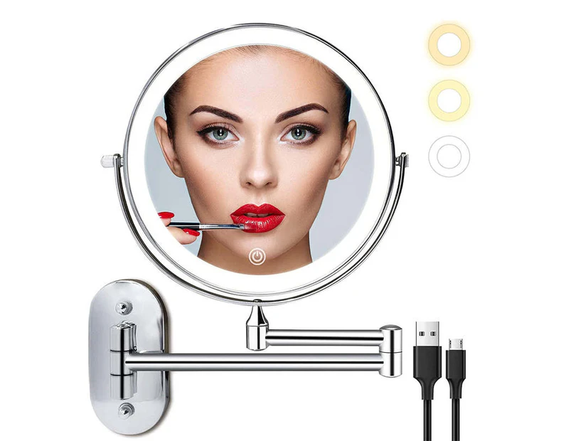 Toscano Wall Mounted Lighted Makeup Mirror 8" 10X Magnifying Cosmetic Mirror with 3 Color Modes USB Charging Type-Silver