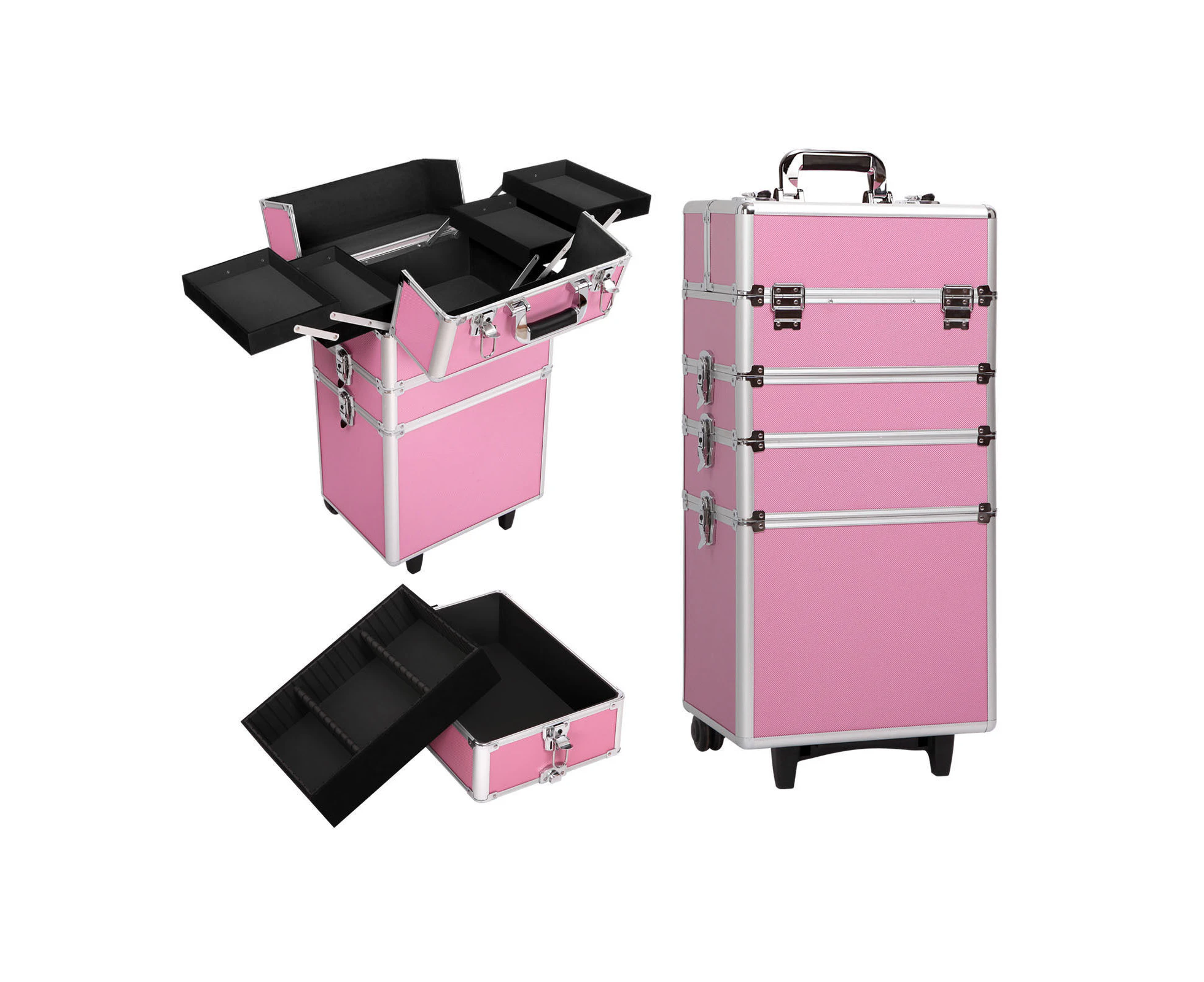 （Pink）7 in 1 Portable Cosmetics Beauty Hairdressing Makeup Trolley Carry Bag Case Box