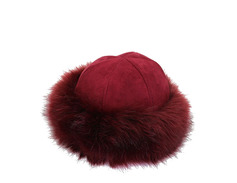 Mongolian Men Women Winter Faux Fur Suede Fluffy Beanie Warm Thick Hat Snow Cap-Wine Red