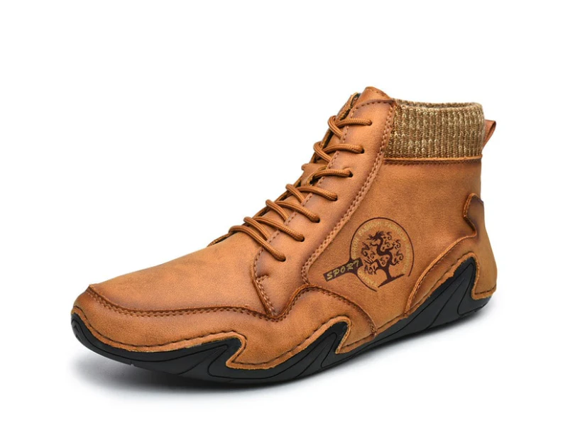 Men's Sneakers Lightweight Leather Shoes Men Fashion Casual Boots - Brown