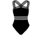 Women's One Piece Swimwear Front Crossover Swimsuits Hollow Bathing Suits - Black