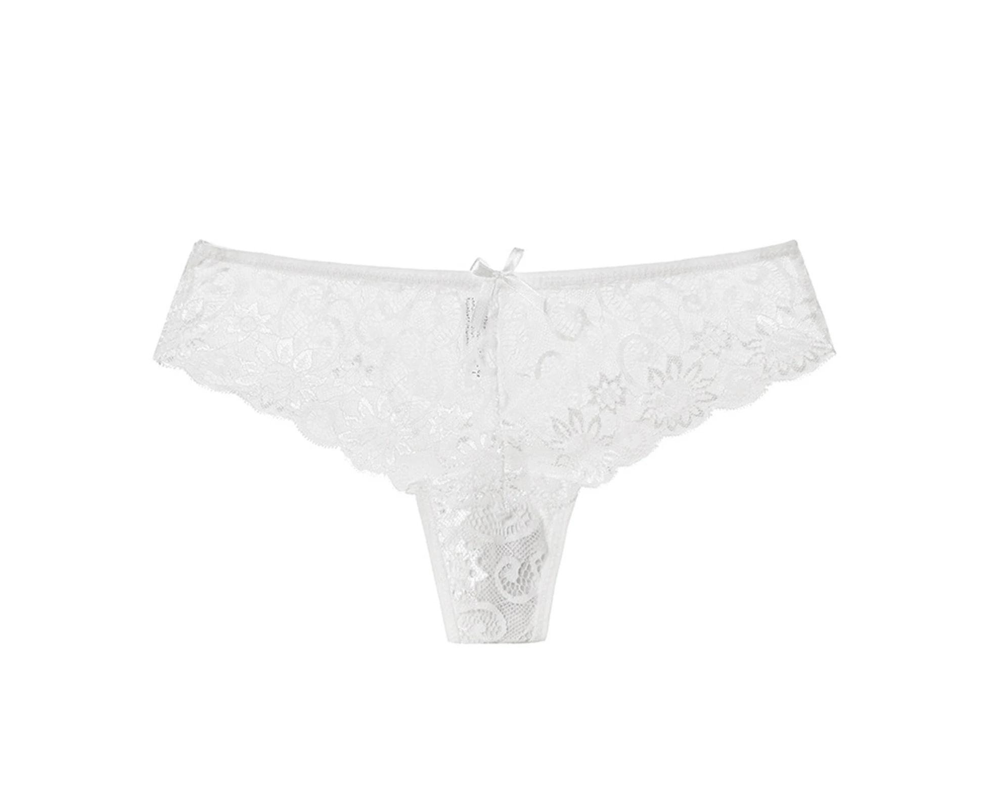 Women Underpants Sexy See-through Lace Low Waist Solid Color Seductive High Elasticity Bow-knot Decor Women Panties Inner Wear Clothes-White