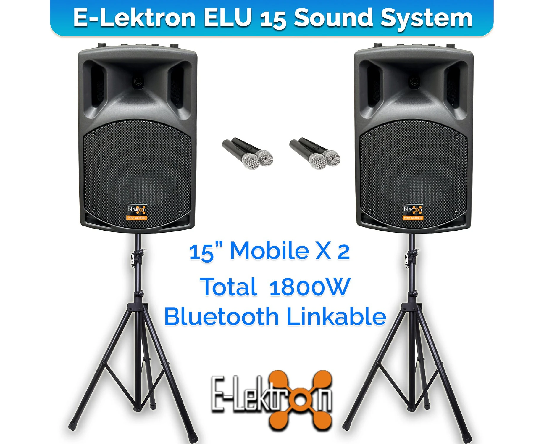 E-Lektron UHF38-MS 900W 15" inch Bluetooth Wireless linkable Loud Portable PA Speaker Sound System Recoding incl.2 Mics  and Stand