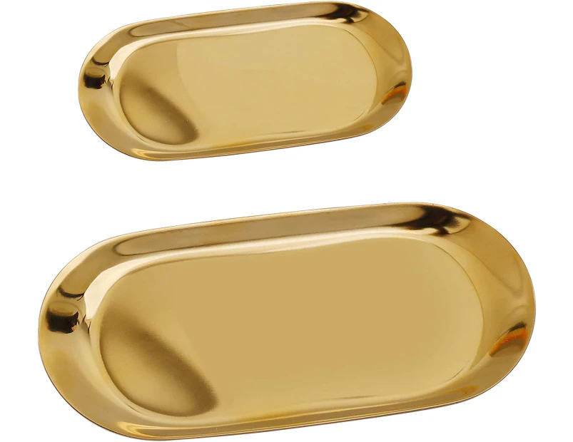 Gold Storage Tray Stainless Steel Oval Trinket Tray Cosmetic Jewelry Plate, Dish Plate for Fruit Cake Butter Candle Decoration, 2 Pieces