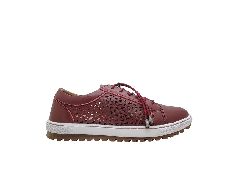 Bay Lane Gypsy Ladies Shoes Leather Casuals Punch Out Multi Fit Insole Toggle Laces - Burgundy