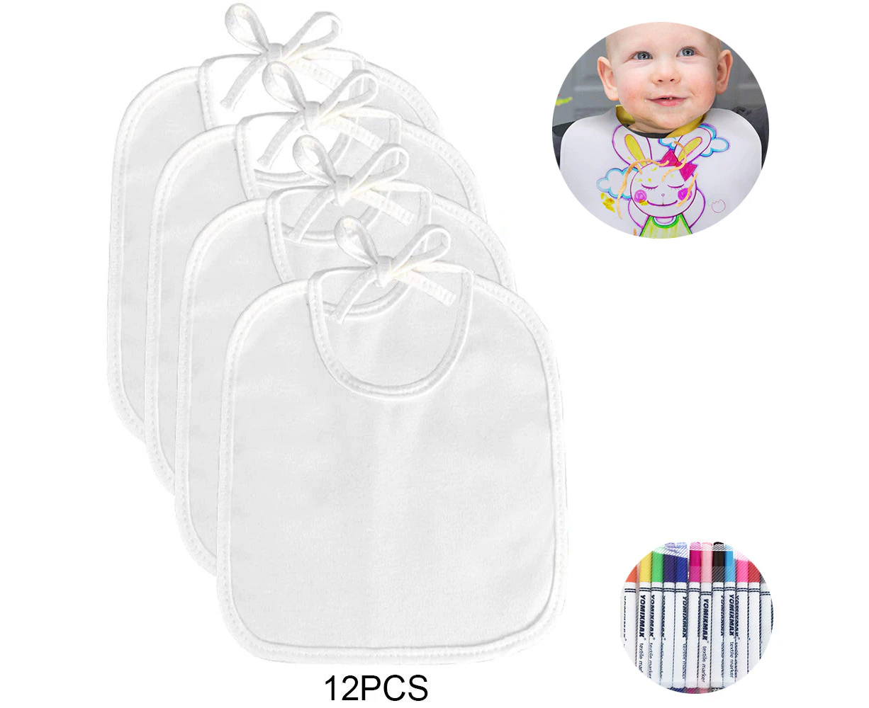 Pack of 12 painting bibs, 22 * 28CM white baby triangular cloth neckerchiefs with 12 textile pens and 1 bottle opener