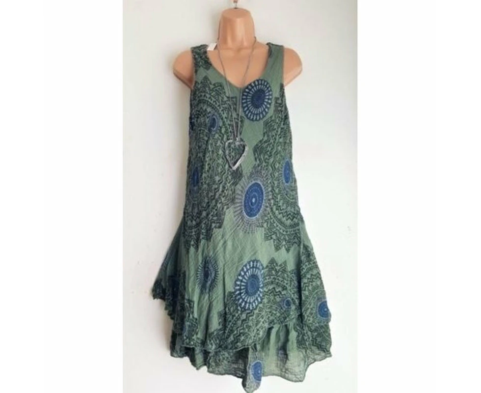 Women Printing Sleeveless Sun Dress Floral Printed Tunic Dress,Army Green,3Xl