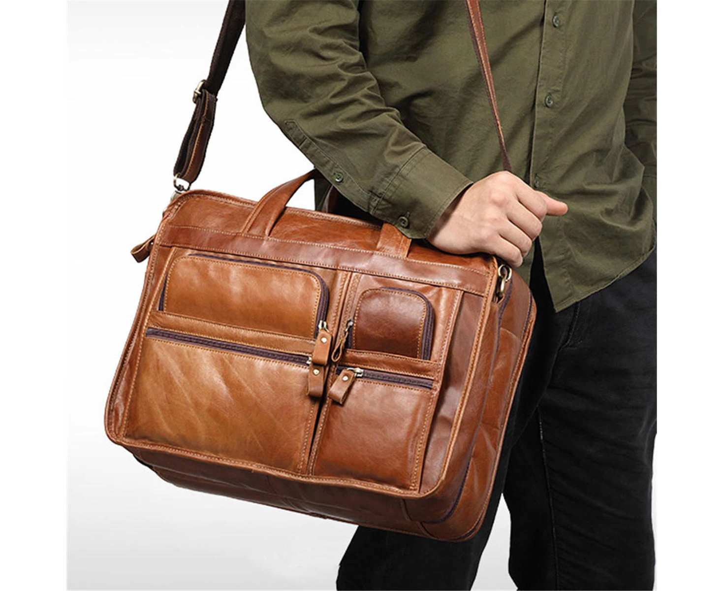 Leather Handbag Zipper Men Business Handle Briefcases Shoulder Bag - BROWN