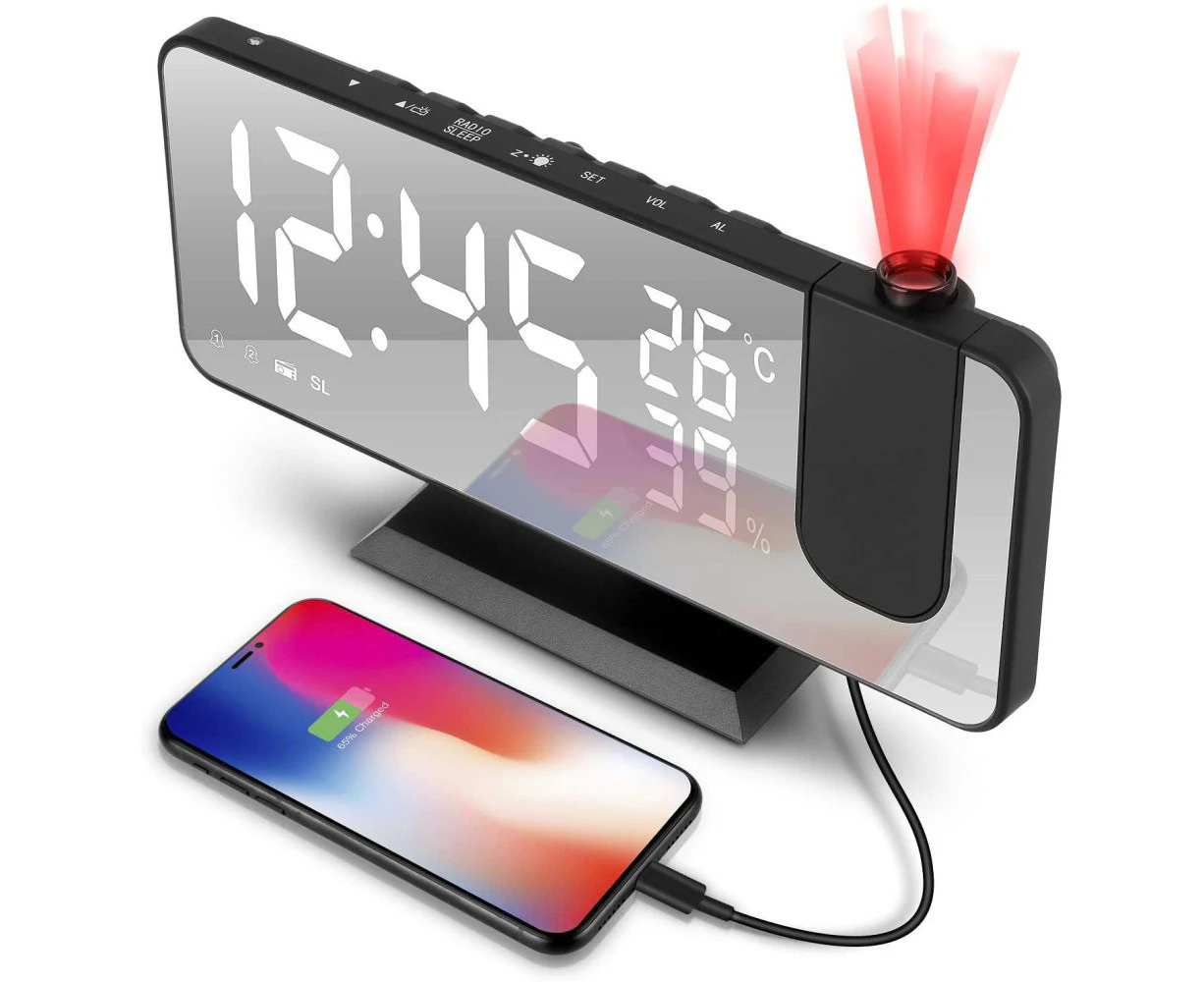 Projection alarm clock, digital alarm clock with projection, radio alarm clock with USB connection, large LED display, Snooze dual alarm, projection bright