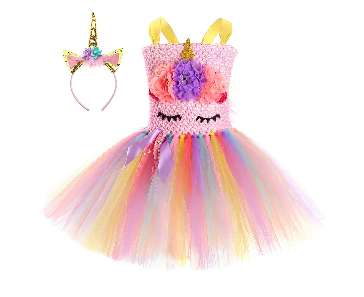 Fairy Princess Pink Unicorn Flower Girls Dress Rainbow Dreamy Tutu Dress For Kids 1-12Y