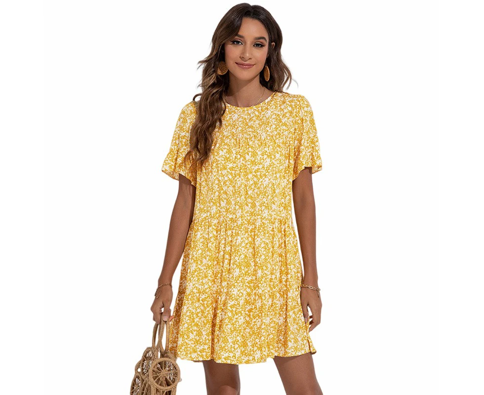 Round Neck Printed Ruffled Midi Dress - Yellow