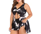 Plus Size Floral Print Halter Swimwear One Piece Pin up Tankini Swimwear - Black