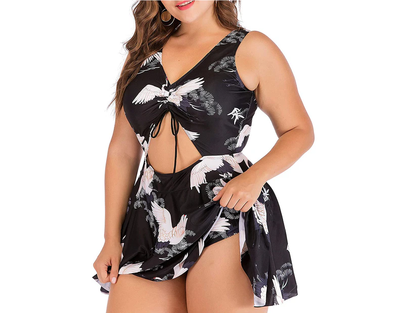 Plus Size Floral Print Halter Swimwear One Piece Pin up Tankini Swimwear - Black