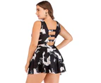 Plus Size Floral Print Halter Swimwear One Piece Pin up Tankini Swimwear - Black