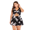 Plus Size Floral Print Halter Swimwear One Piece Pin up Tankini Swimwear - Black