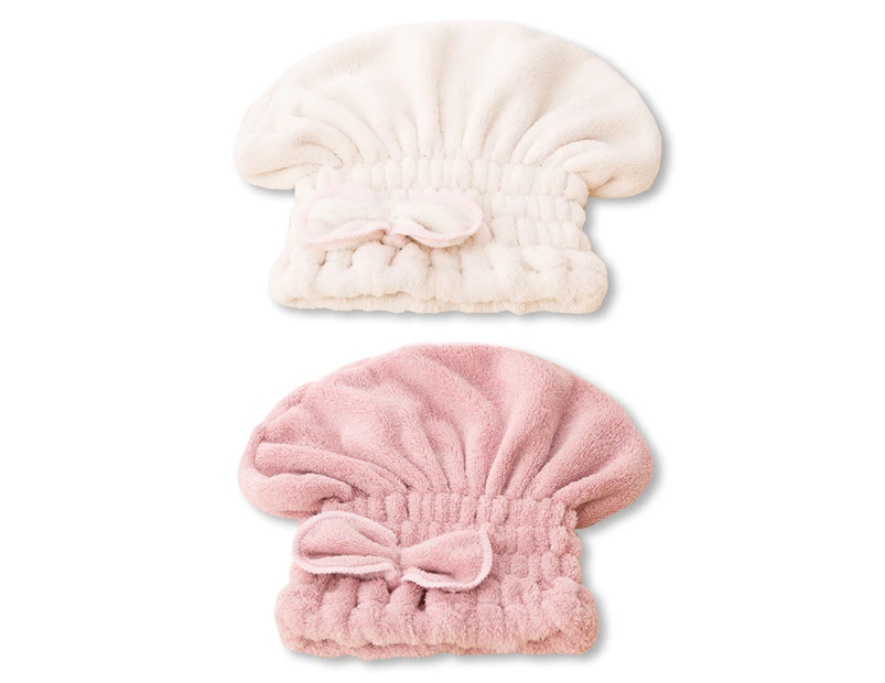 2PC Microfiber Hair Drying Caps,  Soft &Absorbent, Fast Drying Hair Turban Wrap Towels Shower Cap pink + beige