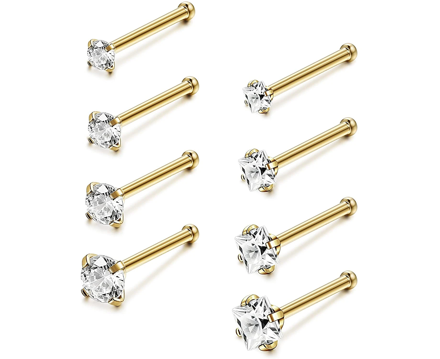 Stainless Steel Nose Rings Studs L-Shape Piercing Body Jewelry,8 Pcs (1.5/2/2.5/3mm)Gold-tone