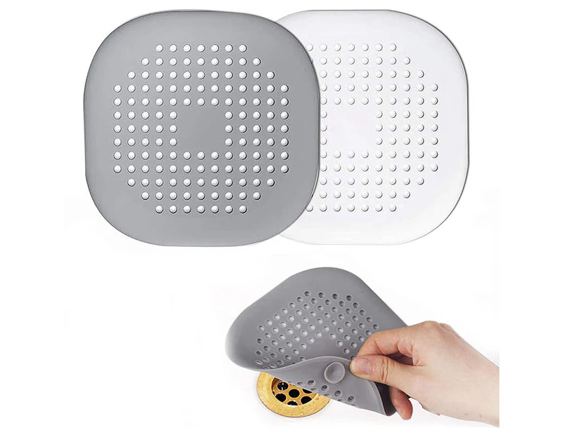 Toscano 2 Pcs Hair Catcher Square Drain Cover with Suction Cup Suit for Bathroom Kitchen-GrayWhite