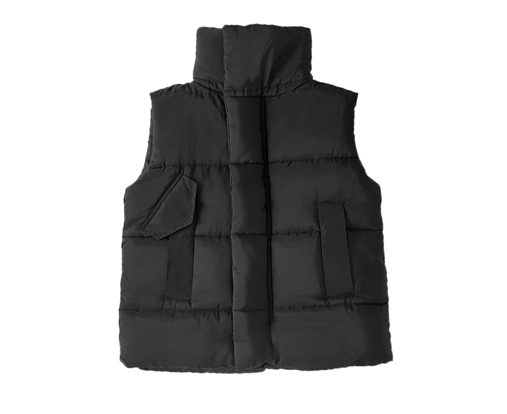 Sleeveless Side Pockets Zipper Placket Short Type Windproof Women Vest Solid Color Stand Collar Winter Cotton Puffer Waistcoat Outerwear - Black