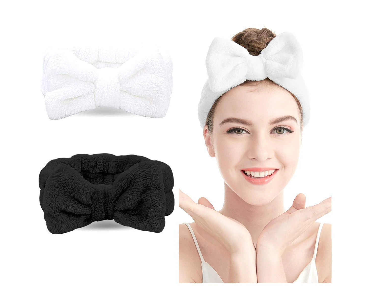 Spa Headband – 2 Pack Bow Hair Band Women Facial Makeup Head Band Soft Coral Fleece Head Wraps For Shower Washing Face