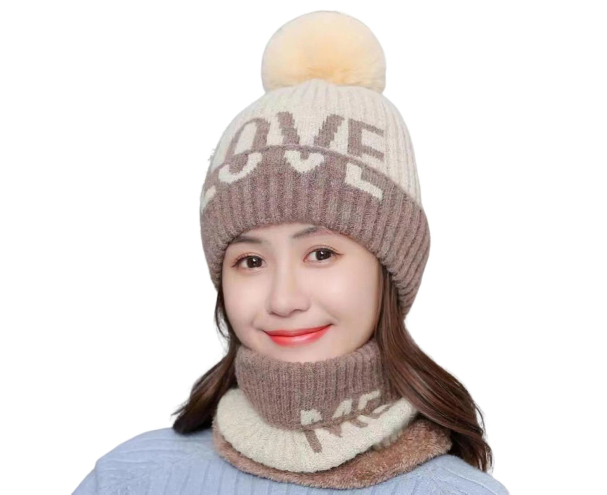 Fufu 2 Pcs/Set Women Hat Scarf Set Plush Ball Thicken Cold-proof Ear Protection Cycling Women Neck Warmer Hat Winter Accessory-Beige