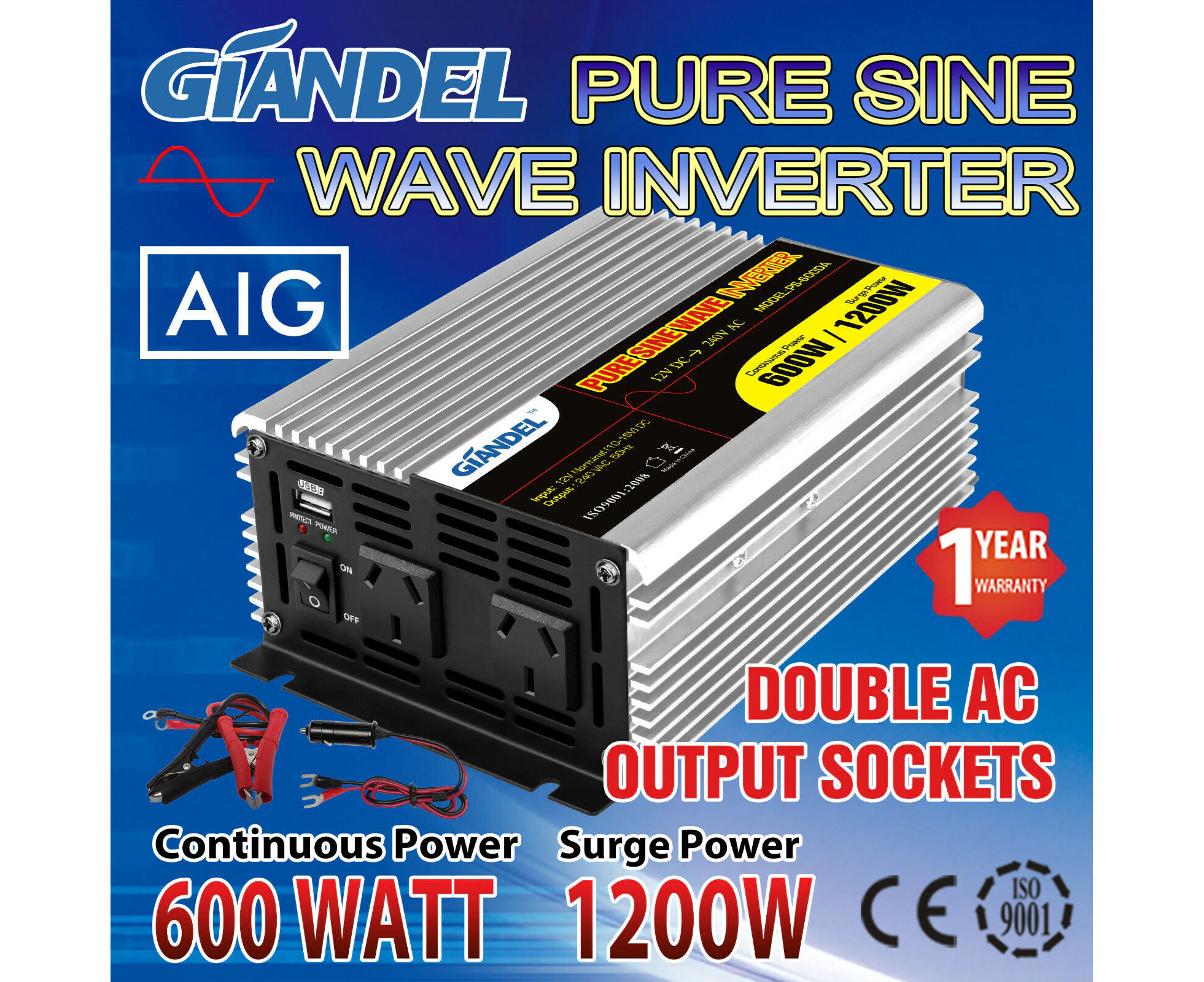 Giandel power Inverter 600W/1200W 12V-240V With 4.5M Remote Controller