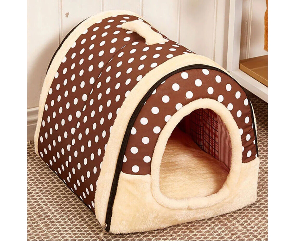 Pet Dog House Kennel Soft Igloo Beds Cave Cat Puppy Beds Doggy Warm Cushion Fold Brown Dots S 30*35*38cm