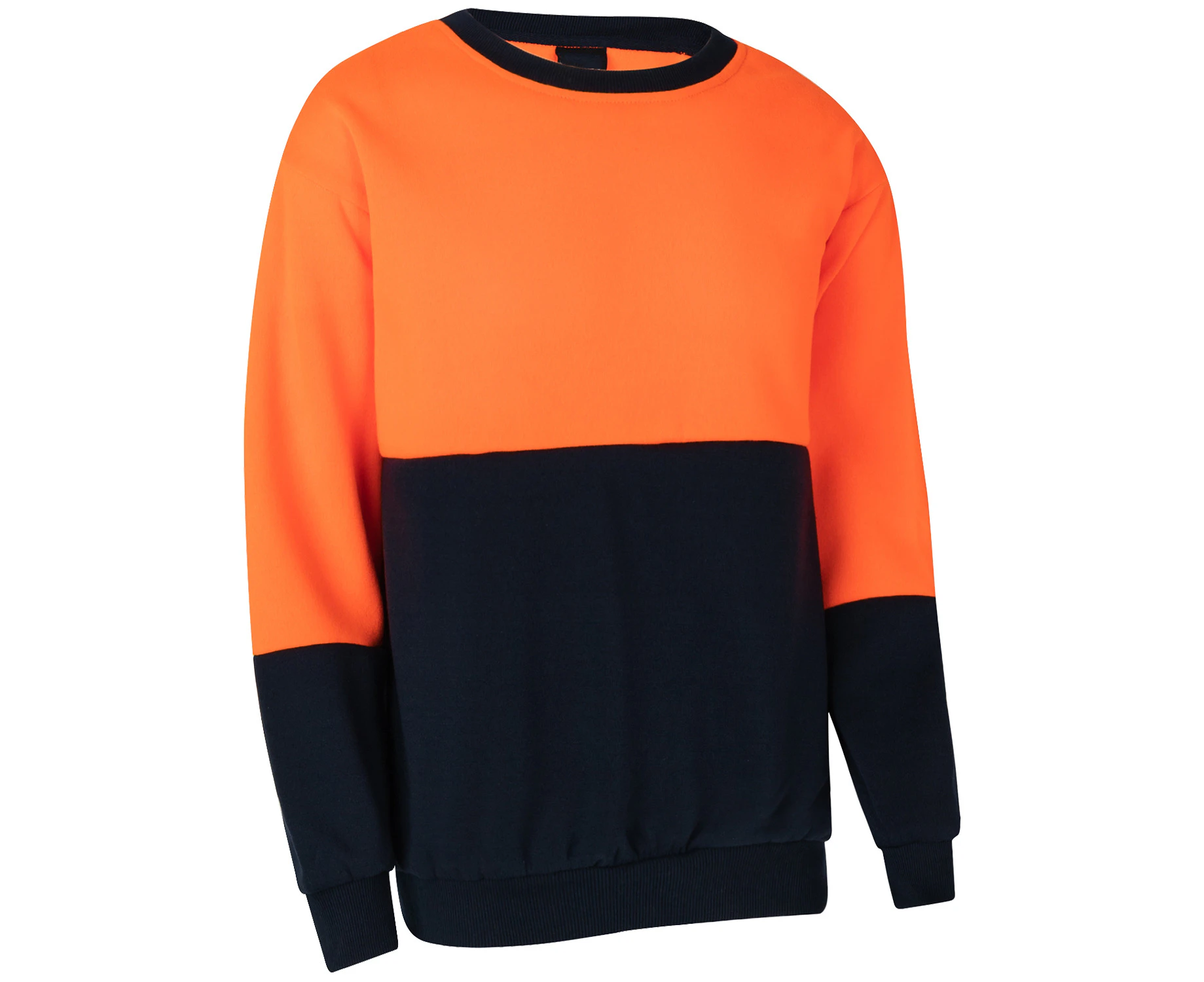 Hi Vis Reflective Pullover Jumper Fleece Sweatshirt Crew Neck Safety Workwear - Fluro Orange / Navy