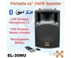 E-Lektron UHF30-MS 700W 12" inch Bluetooth Wireless linkable Loud Portable PA Speaker Sound System Recoding incl.2 Mics  and Stand