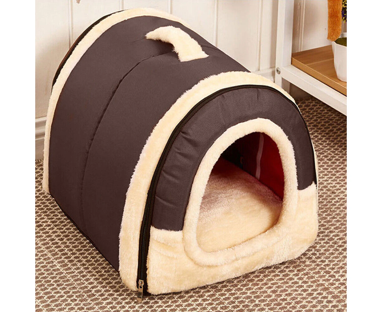 Pet Dog House Kennel Soft Igloo Beds Cave Cat Puppy Beds Doggy Warm Cushion Fold Brown M 35*45*35cm