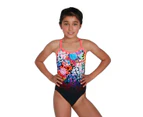 Speedo Girl's Polka Melt Placement Vback Swimsuit - Black/ Red/ Ultraviolet/ Adriatic/ Yellow