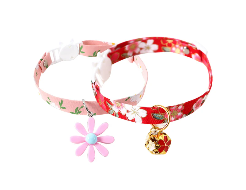 2 Pack Cotton Breakaway Cat Collar with Bell, Flowers Pendant Cute Cat Collar Kitten Collar Pink S