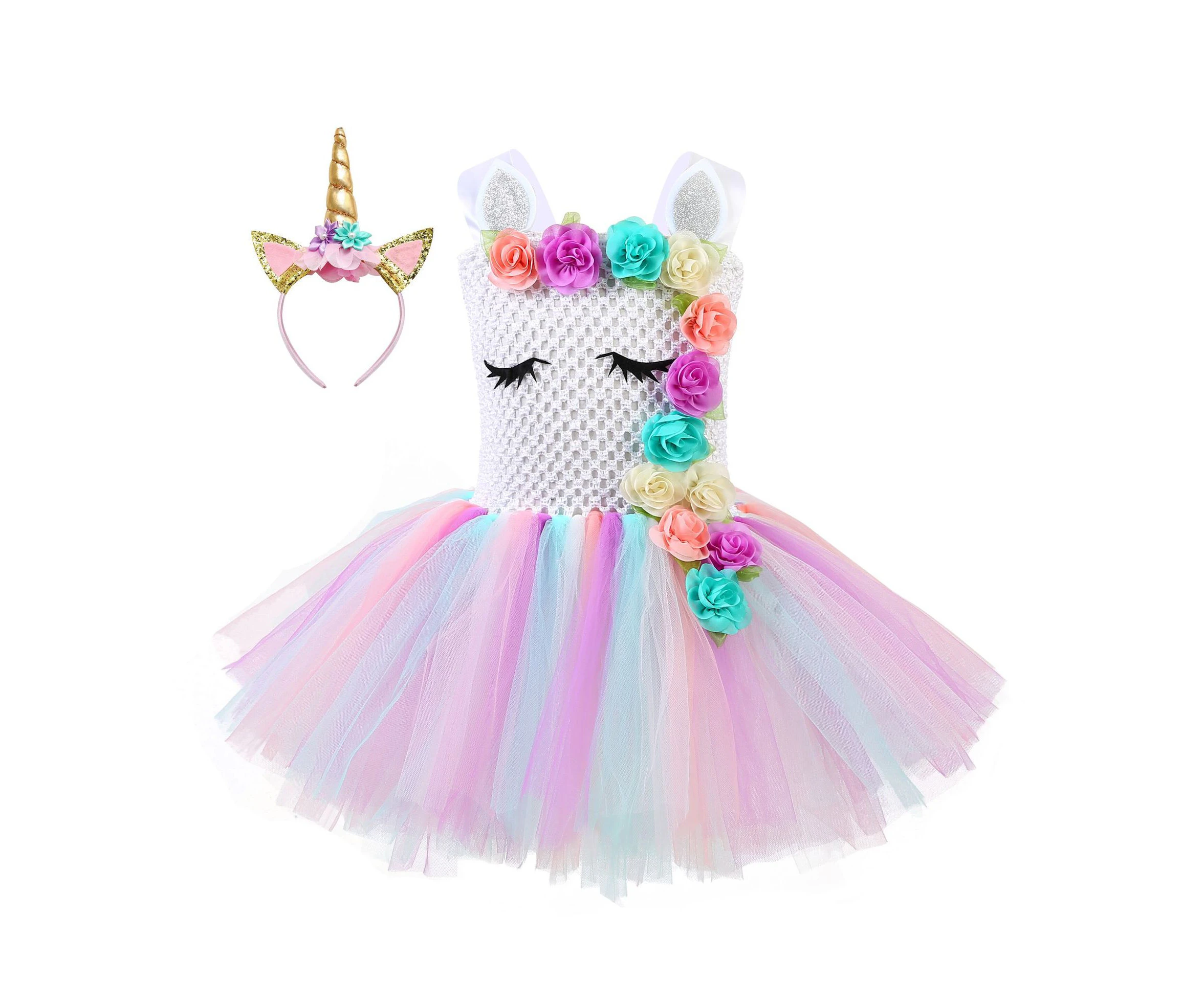 Unicorn flower princess Girl dress Tulle Tutu Dresses 1-8 Years Gold - Golden