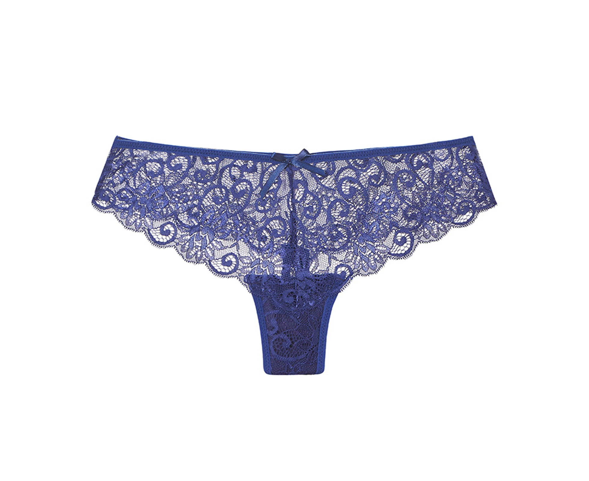 Women Underpants Sexy See-through Lace Low Waist Solid Color Seductive High Elasticity Bow-knot Decor Women Panties Inner Wear Clothes-Dark Blue