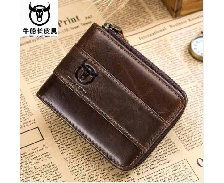 BULLCAPTAIN new Arrival Male RFID leather wallet Men Wallet Cowhide Coin Purse Slim Designer Brand Wallet Billetera para hombres—Brown