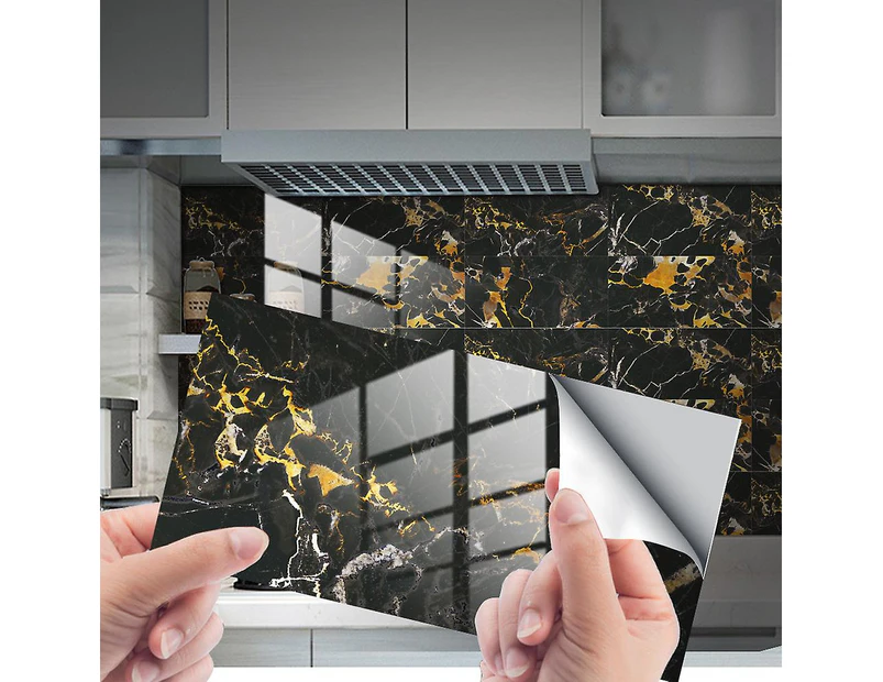 Marble Tile Stickers For Bathroom Kitchen Backsplash Waterproof Oil Proof Diy Self Adhesive New Pvc Wall Stickers Home Decor 12x6 Inches(black+gold Ma