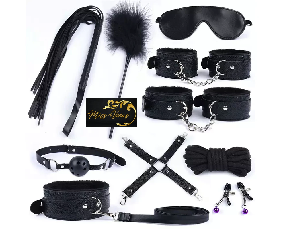 BDSM Set Bondage Gear PU Leather Fetish 10 Kit Restraints Slave Adult Sex Toy Handcuff, BDSM for Couple - Black