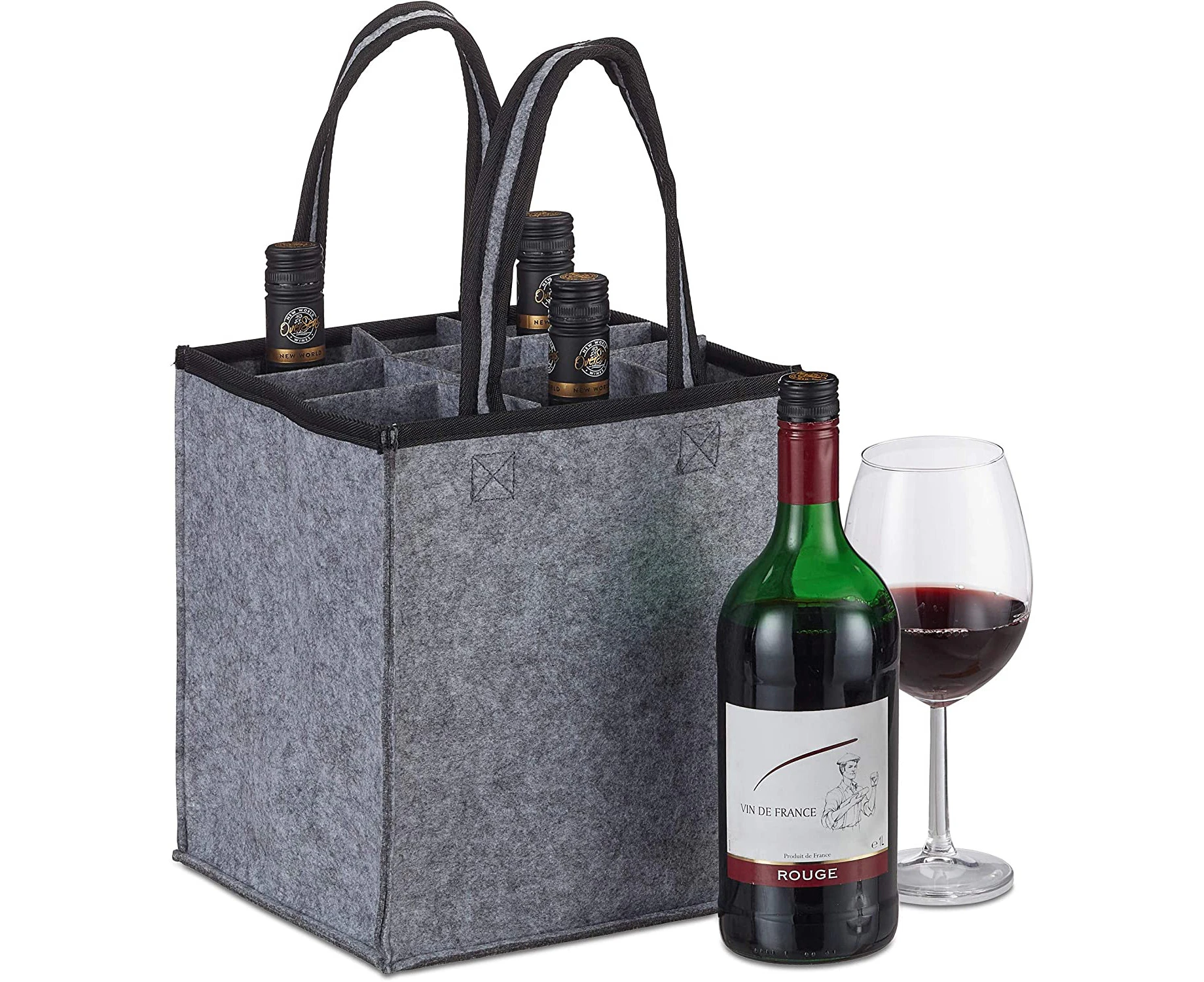 Relaxdays Bottle Bag 6 bottles Wine bottle holder Beer Empty collection Container 24 x 18 x 16 cm Gray 1 piece