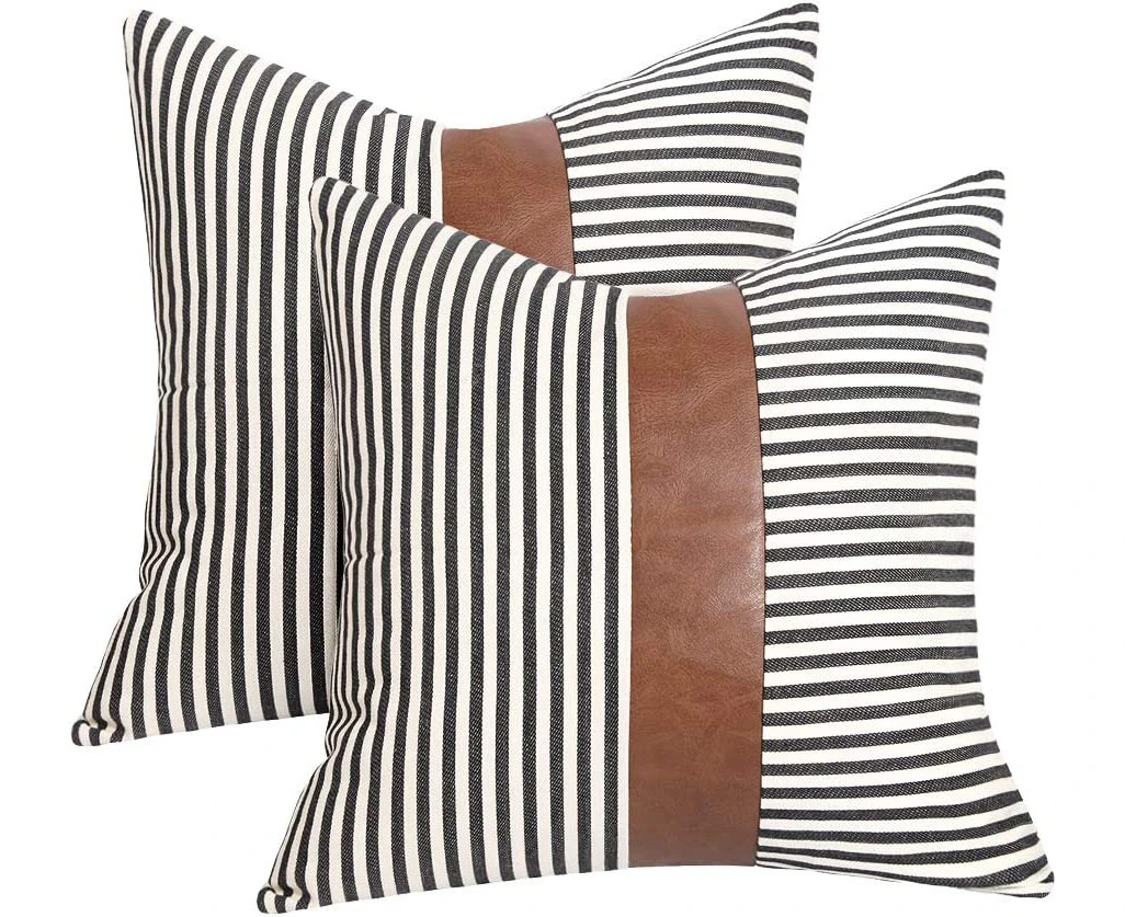 Decoration Pillow Covers 18x18 inch Set of 2 Modern Faux Leather and Ticking Stripe Pillow Covers Boho Indoor Outdoor Decor Cushion Covers -Black