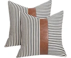 Decoration Pillow Covers 18x18 inch Set of 2 Modern Faux Leather and Ticking Stripe Pillow Covers Boho Indoor Outdoor Decor Cushion Covers -Black