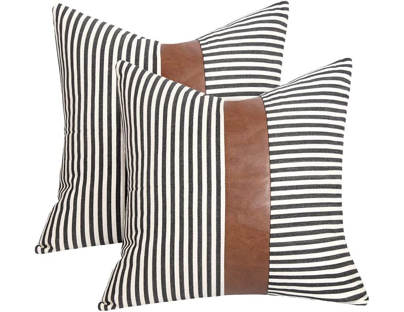 Decoration Pillow Covers 18x18 inch Set of 2 Modern Faux Leather and Ticking Stripe Pillow Covers Boho Indoor Outdoor Decor Cushion Covers -Black