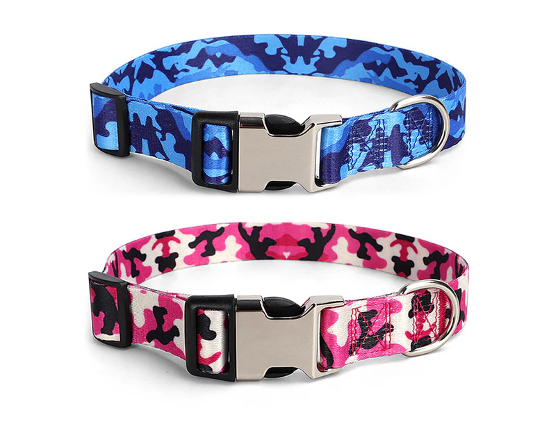 Camo Dog Collar - Fadeproof Permanently Camo Printing, Military Grade Rustproof Buckle for Dog Walking and Training Pink+Blue S