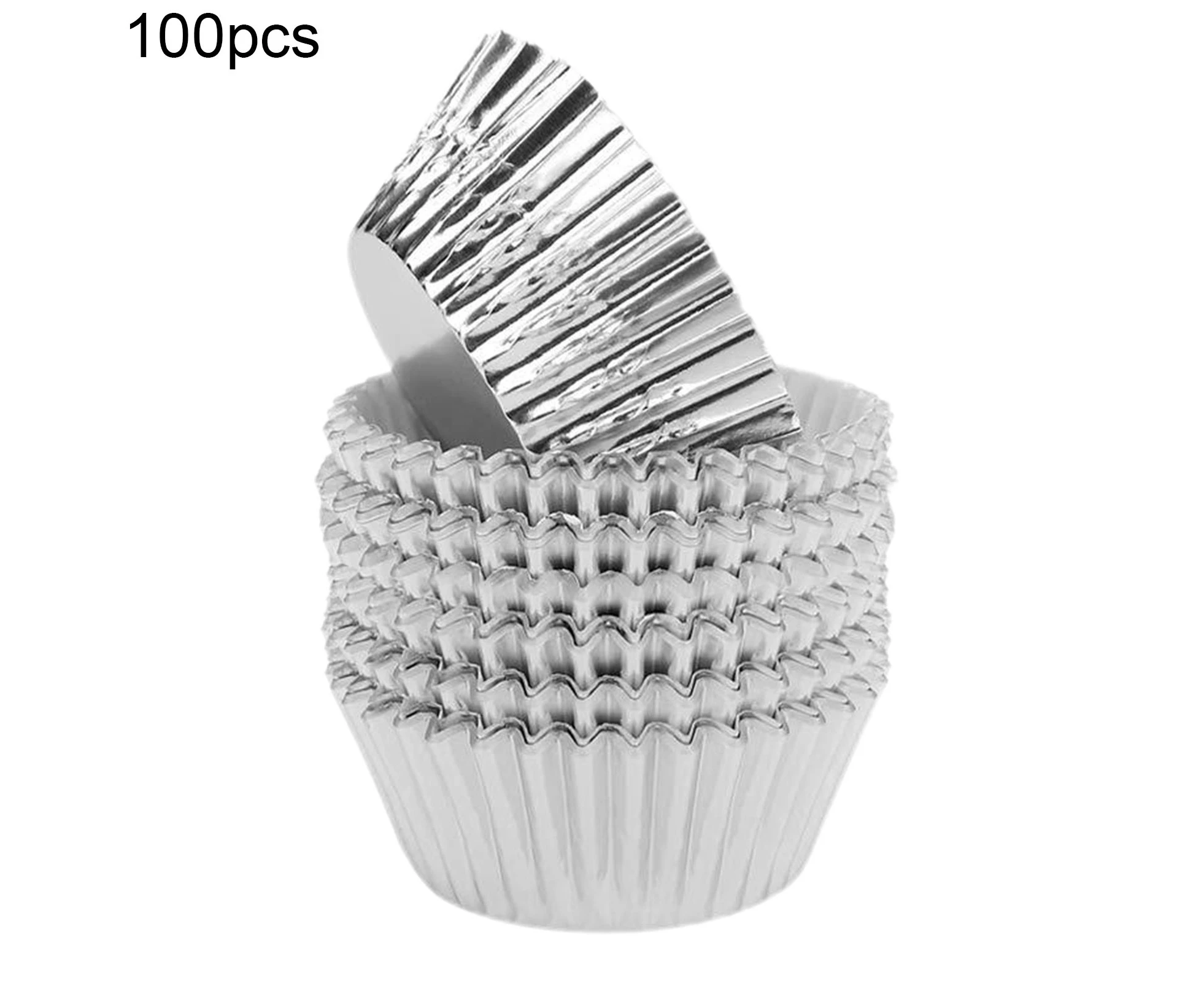 100Pcs Cake Cups Grease-Proof Heat Resistant Aluminum Foil Cupcake Liners Wrappers Baking Supplies - Silver