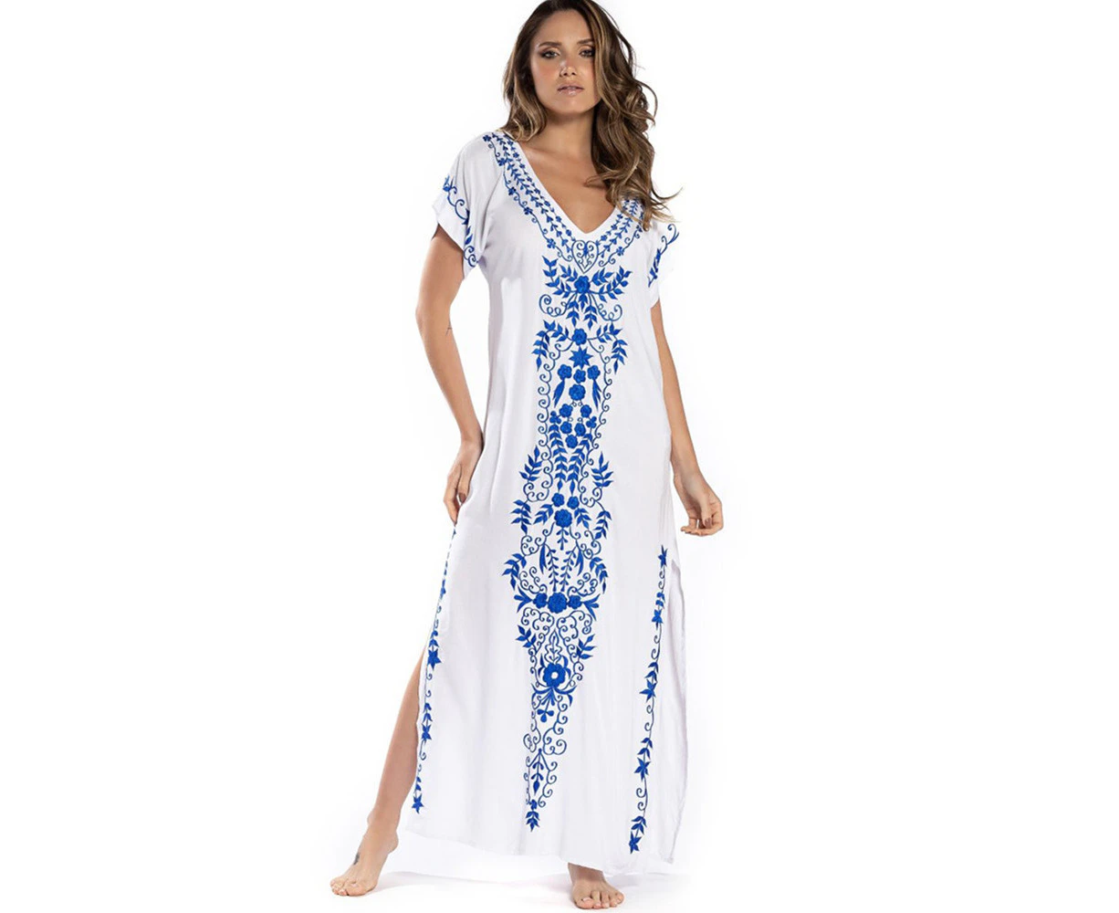 Women's Embroidered Beach Dress Long Dress Cover-up Dress Sundresses White Blue