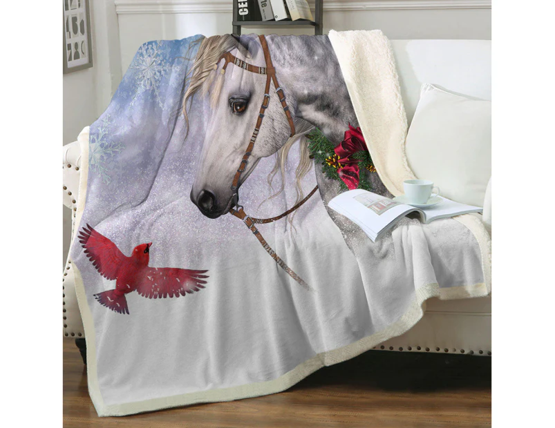 Throws Couples Size: 200cm x 200cm Snowy Christmas with Red Bird and White Horse