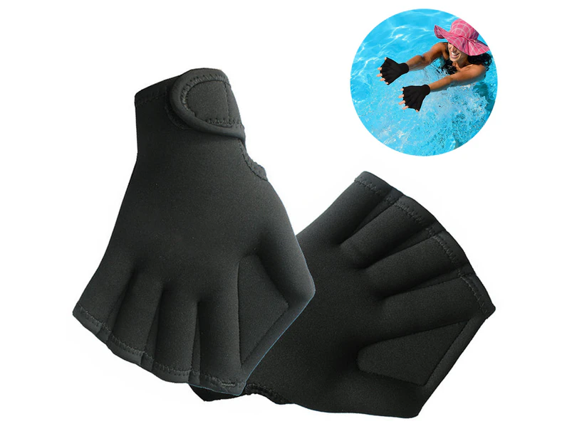 1 Pair Of Webbed Swimming Gloves Aquatic Traning Fit Paddles Water Resistance Diving Hand Web - Black