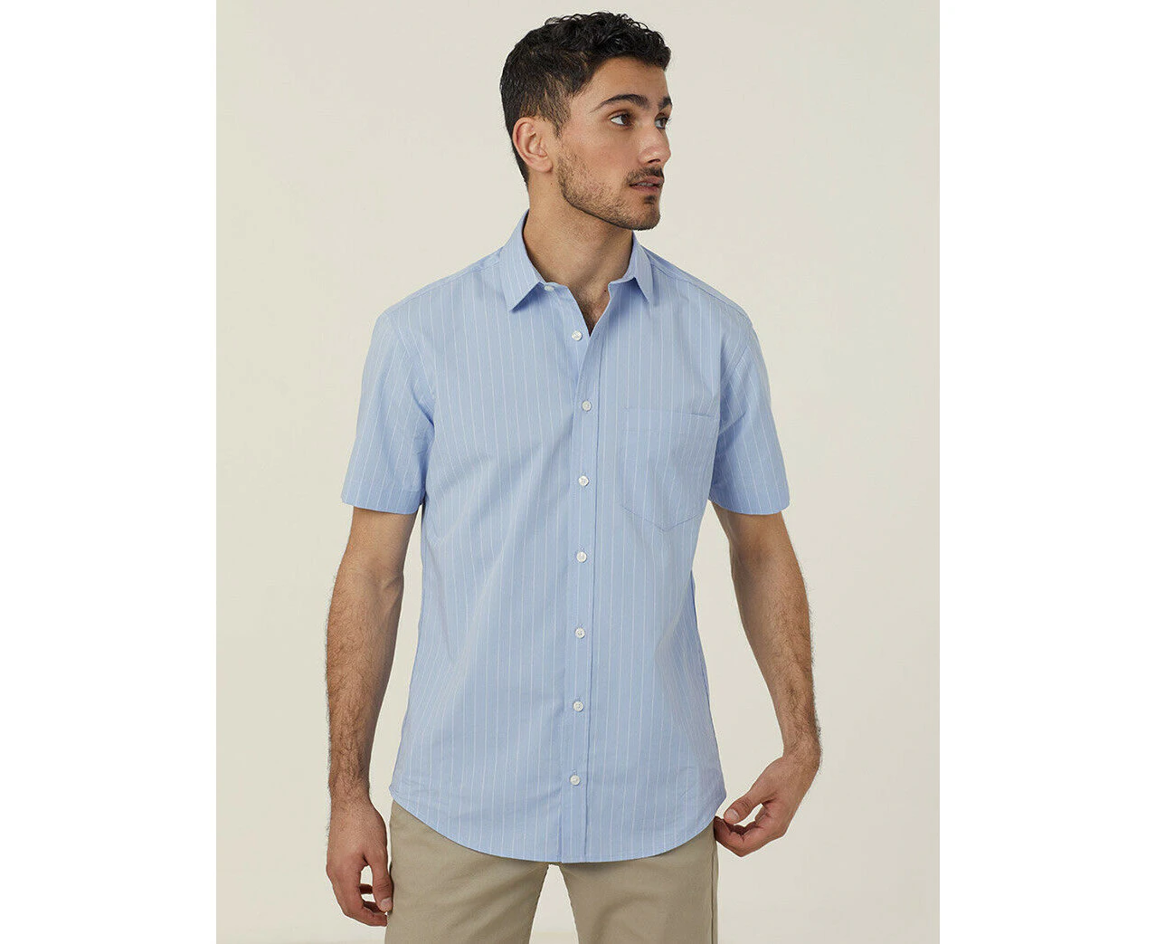 NNT Mens Avignon Pinstripe Short Sleeve Shirt Casual Regular Fit Business CATJDM - Light Blue